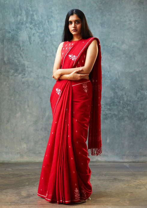 Handwoven Red Bengal Jamdani Saree